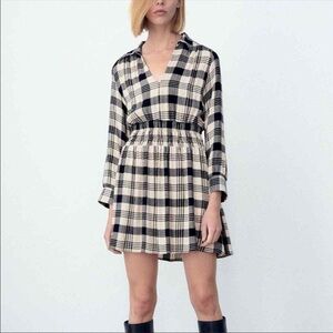 Zara Flannel Smocked Waist Plaid Dress Size XS